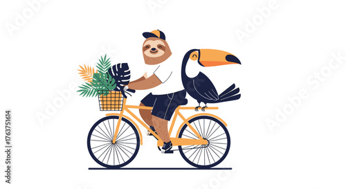 Sloth and Toucan on a Bicycle with Tropical Flowers.