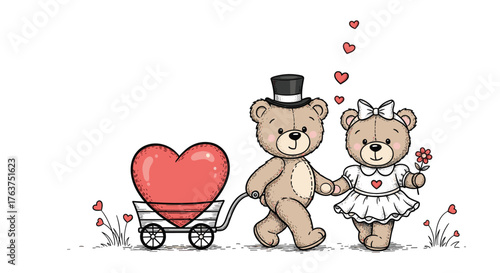 Cute Teddy Bears in Love with a Heart.