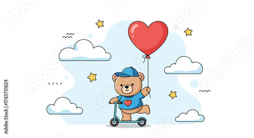 Cute Cartoon Bear Riding Scooter with Heart Balloon in Sky.