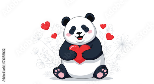 Adorable cartoon panda holding a red heart, surrounded by smaller hearts, expressing love and affection.