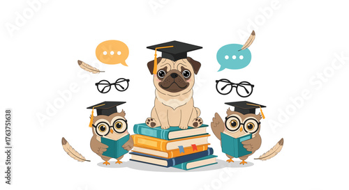 Pug dog wearing graduation cap sitting on books with two owls and glasses.
