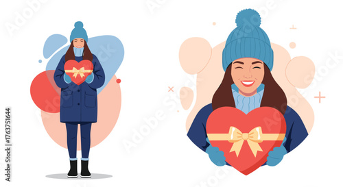 Woman in winter clothes holding a heart-shaped gift box, expressing love and warmth.
