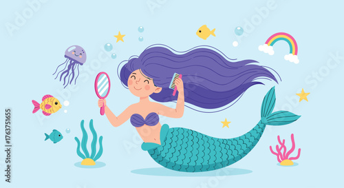 Mermaid admiring herself with a mirror in the ocean.
