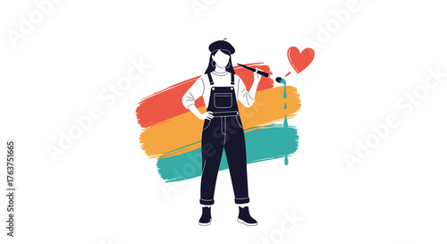 Artist holding paintbrush with love heart and colorful strokes.