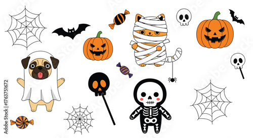 Halloween themed cartoon characters and objects on white background.