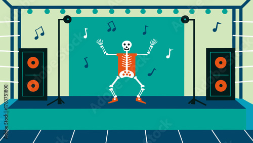 A skeleton dancing with musical notes on a stage