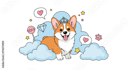 Adorable Corgi Dog with Crown on Cloud Surrounded by Hearts.