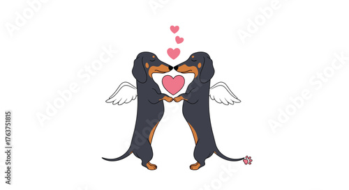 Two Dachshunds with Wings Holding a Heart in a Romantic Scene.