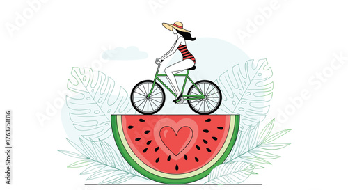 Woman rides bicycle on watermelon slice with heart.