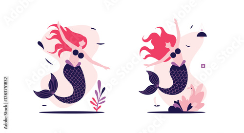 Mermaid illustrations with red hair and purple tail, artistic design.