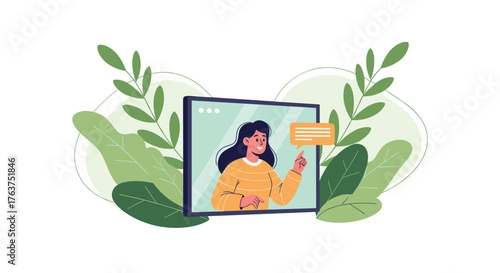Woman in video call teaching online with leaves background.