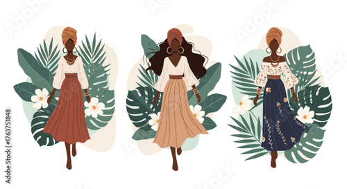 Three elegant women in stylish outfits with floral background.