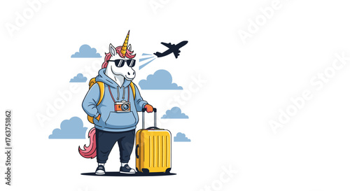Unicorn traveler ready for adventure with luggage and plane.