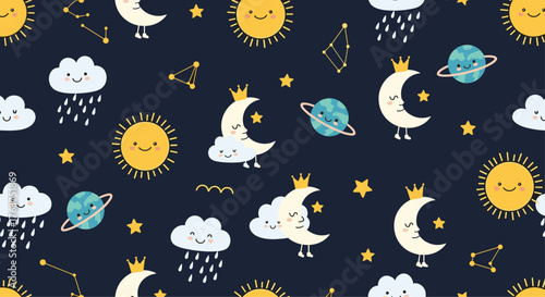 Cute seamless pattern with celestial elements like suns, moons, clouds, and stars on a dark background.