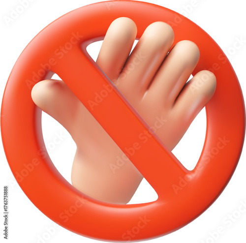 Prohibition sign 3D vector icon, crossed out hand raised gesture in red circle, access denial or stop signals, forbidden