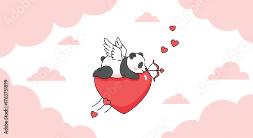 Cute Panda Cupid on a Heart Cloud with Arrows and Hearts.