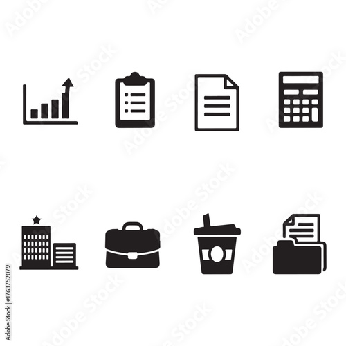 Vector art of business and office icons representing work and productivity set and bundle silhouette art vector design