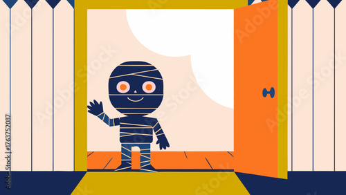 Cute Cartoon Mummy Waving Hand by an Open Door