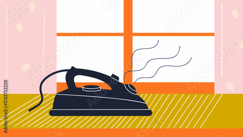 Iron steaming on the ironing board with a window