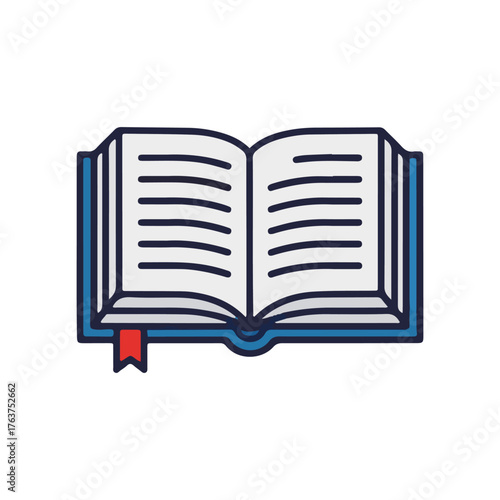 Stylized vector illustration of an open book with a blue cover, white pages, and a red bookmark.