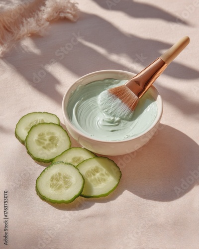 Natural beauty preparation featuring a creamy facial mask mixture with sliced cucumbers on a light textile surface