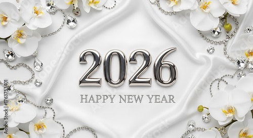 Elegant 2026 Happy New Year with White Orchids and Diamonds on Silk