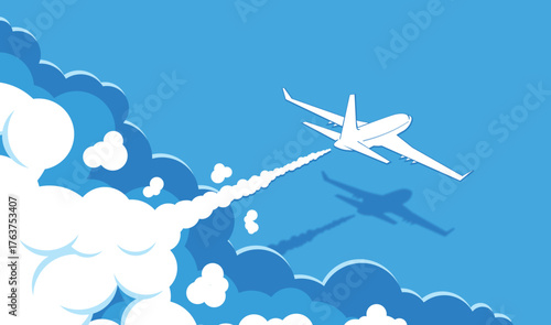 Airplane in blue sky takes off from clouds leaving trail behind. Illustration, editable vector template for webpage header.
