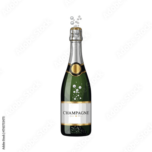 A classic green glass bottle of champagne, sealed with a foil-wrapped cork and wire cage, with effervescent bubbles rising from the neck and a white label indicating "Champagne.".