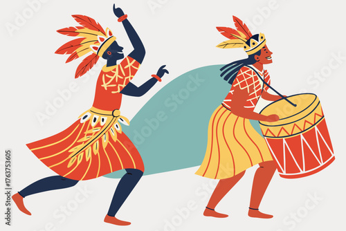Traditional Tahitian drum dance with ornate costumes, modern flat illustration style