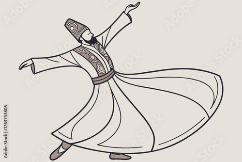 Traditional Sufi whirling dervish dance with ornate costumes, modern flat illustration style