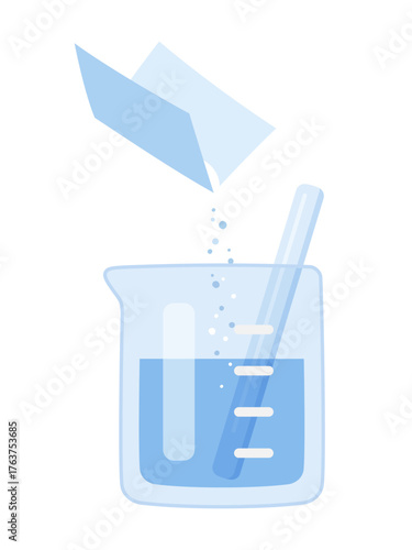 薬包紙でビーカーに粉末を入れてガラス棒で混ぜるイラスト