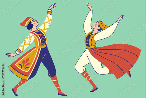 Traditional Azerbaijani lezginka with ornate costumes, modern flat illustration style