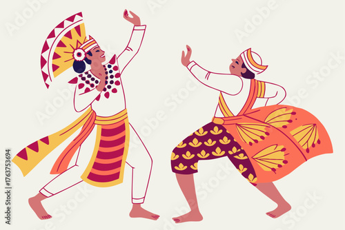 Traditional Balinese kecak dance with ornate costumes, modern flat illustration style