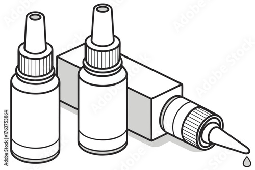 Three bottles with a dropper and eye drops beside them