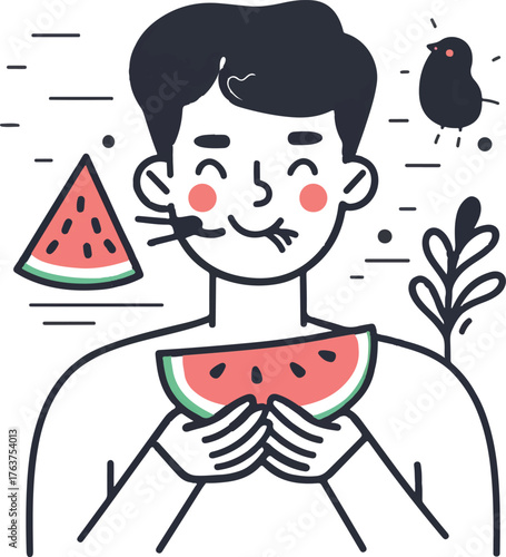 a man eating chicken with watermelon, simple line drawing, white background, vector illustration style, flat design, simple lines and shapes, chinese new year atmosphere cartoon doodle art