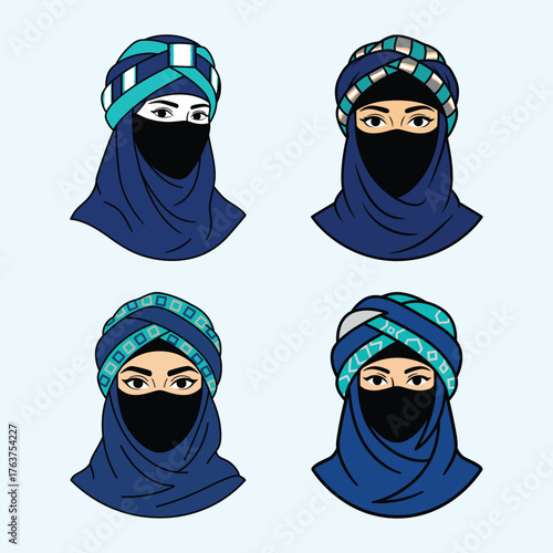 Four Arabian Woman Portraits Wearing Blue Niqab and Turban Headwear