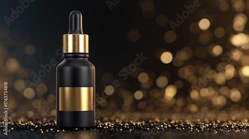 Elegant black serum bottle with golden accents on a blurred bokeh background