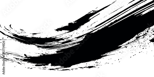 A close-up of a vector style black ink brush stroke and grunge paint splashed on a white background.	
