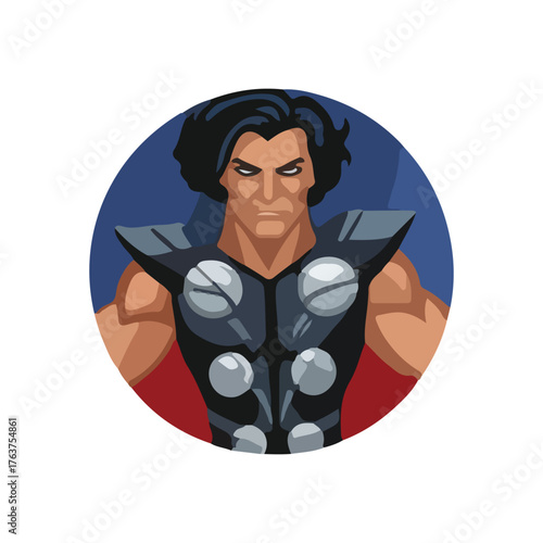Illustration of a muscular man with dark hair, wearing a stylized, futuristic-looking vest with silver accents, set against a blue circular background.