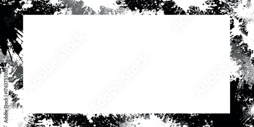 White and Black Grunge Textured Frame with black and white painted watercolor stains on transparent background.	