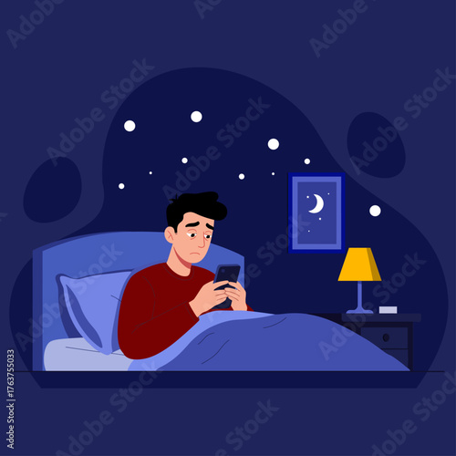 A cartoon man with a sad, tired expression sits up in bed at night, looking at his smartphone. He wears a red sweater and is covered by a blue blanket.