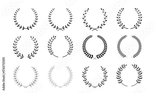 Laurel Wreath Icon Set - Black Laurel Leaves, Award and Victory Symbol, Vector Illustration