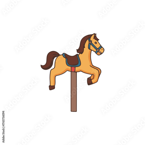 A charming cartoon illustration of a wooden rocking horse, depicted in a playful, dynamic pose with its legs in mid-air, ready for imaginative play.