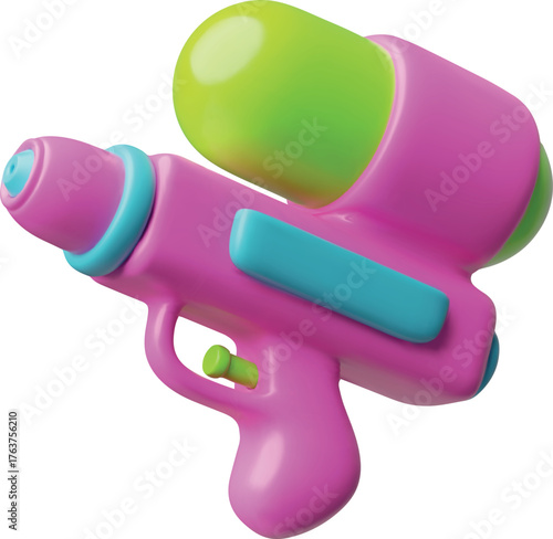 Water gun with refill water reservoir 3D cartoon plastic style vector, colorful blaster kids spraying pink weapon toy