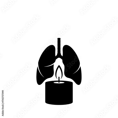A black silhouette of human lungs with a lit candle burning inside, symbolizing life and breath.