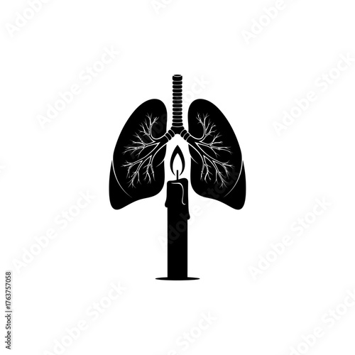 Black silhouette of human lungs with a lit candle in the center, symbolizing life, breath, or the fragility of health.