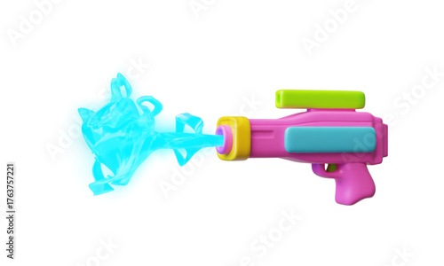 Handgun, rifle with smoke shooting 3D cartoon plastic style, vector game weapon blaster toy haze stream, magic firearm