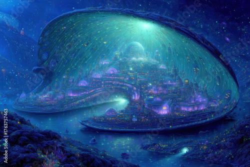 Futuristic underwater cityscape featuring glowing domed structures and intricate architecture illuminated by blue and purple lights, advanced civilization thriving beneath ocean surface