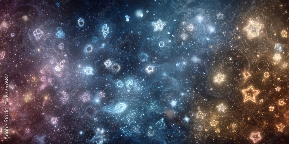 Fototapeta premium Celestial field filled with glowing abstract symbols and luminous star shapes illuminates a cosmic expanse.