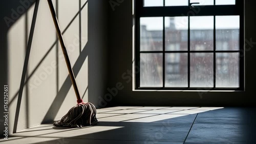 Sunlit Mop Leaning Against Wall in Industrial Room